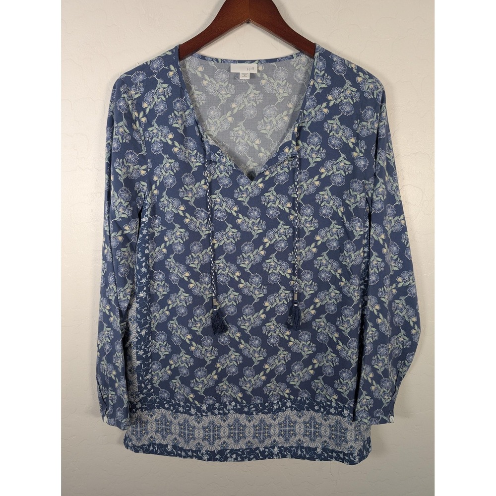 J.‎ Jill Shirt Womens Petite Medium Blue Floral Tassel V-Neck Boho Long Sleeve